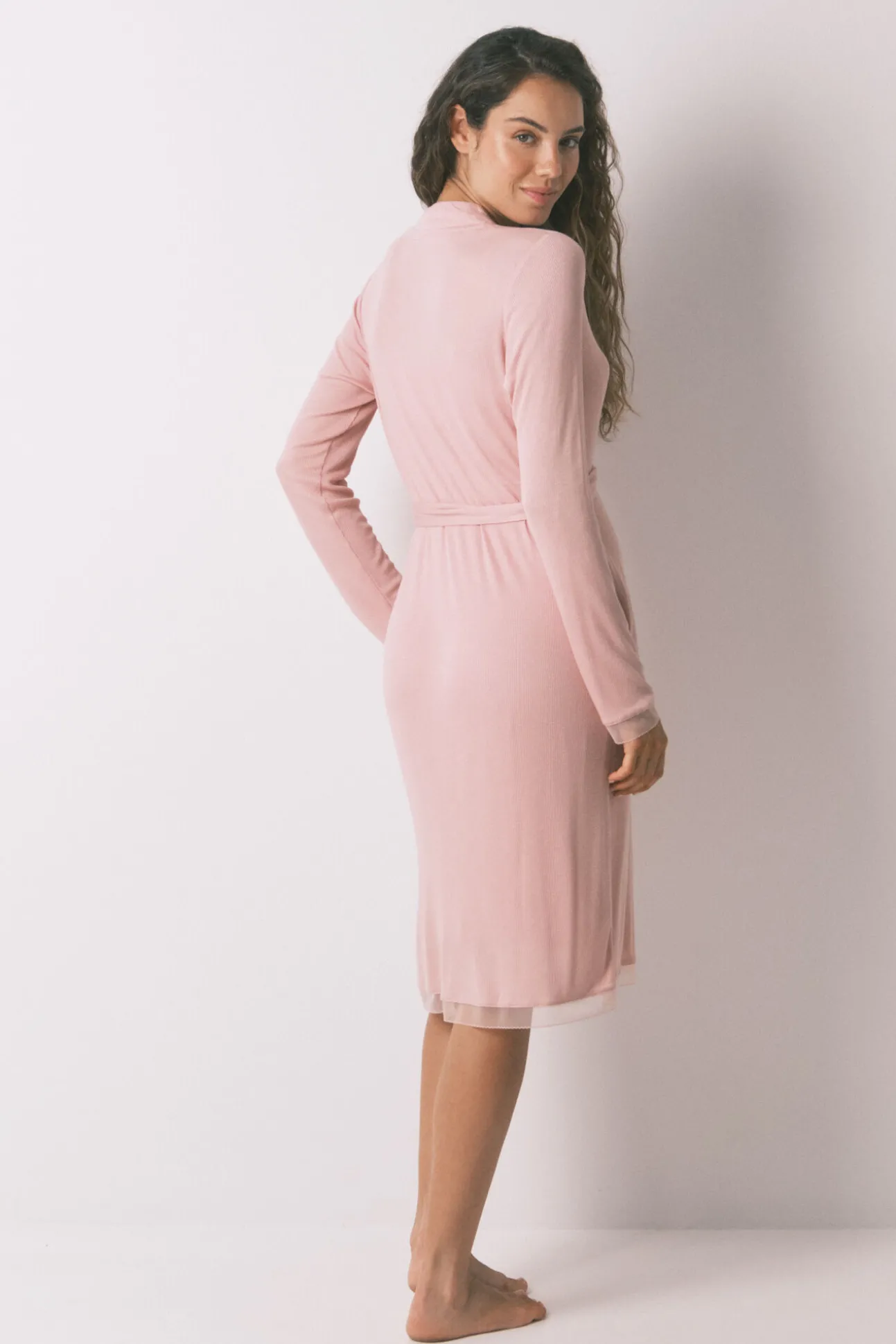 Bata larga "maternity" técnica rib rosa