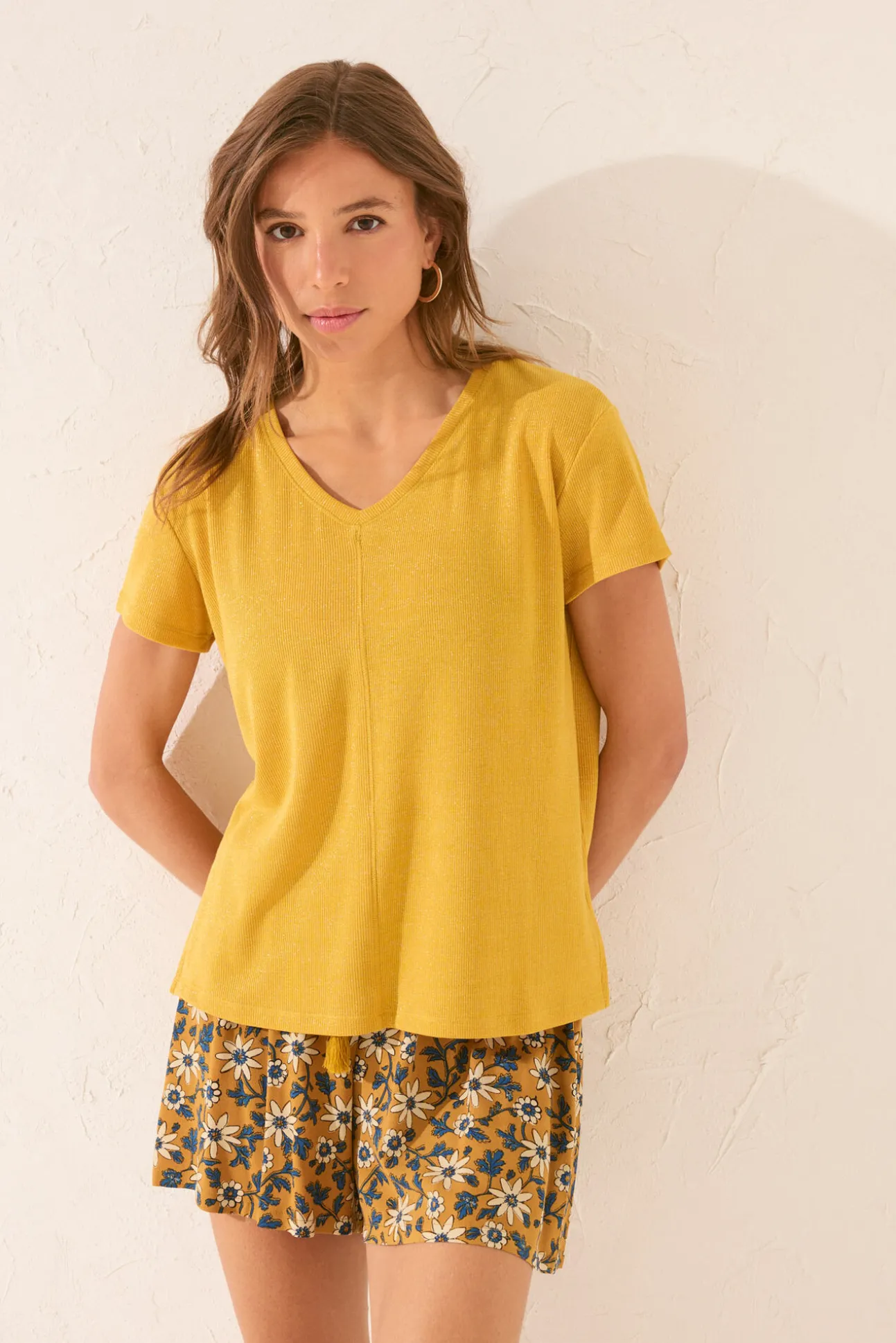 Camiseta manga corta canalé lurex dorado