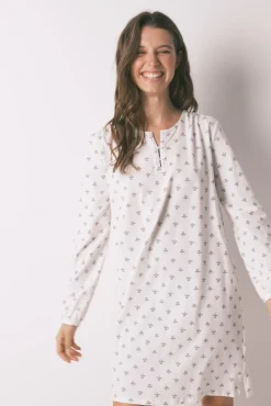 Camisón manga larga 100% algodón flores marfil