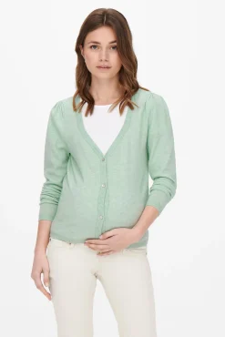 Chaqueta de punto premamá color verde claro.