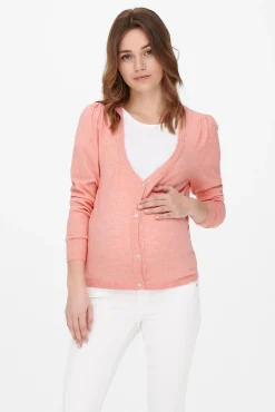 Chaqueta de punto premamá color rosa claro.