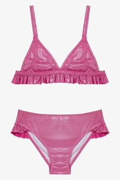 Conjunto de bikini rosa brillo volante