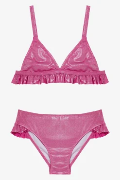 Conjunto de bikini rosa brillo volante