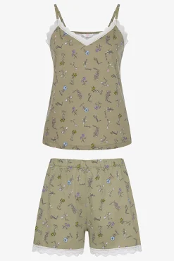 Conjunto de pijama corto caqui detalle encaje