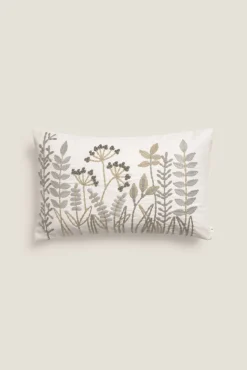 Funda cojín algodón hojas y flores
