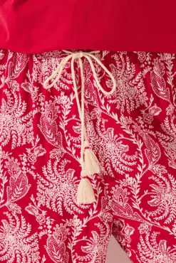 Pantalón largo viscosa estampado hojas rojo
