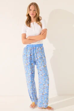 Pantalón largo viscosa flores azul