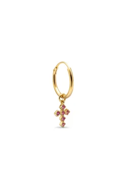 Pendiente Suelto Aro Cruz Rosa Plata Baño Oro