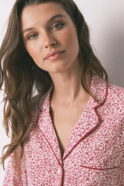 Pijama camisero algodón flores rojo