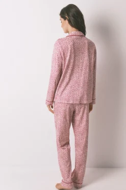 Pijama camisero algodón flores rojo