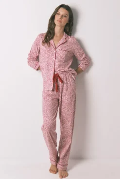 Pijama camisero algodón flores rojo