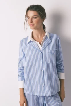 Pijama camisero largo 100% algodón rayas azules