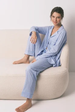 Pijama camisero largo 100% algodón rayas azules
