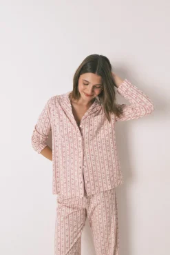 Pijama camisero largo 100% algodón flores rosa