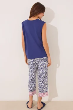 Pijama Capri 100% algodón print azul flores
