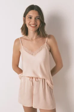 Pijama corto satén encaje naranja