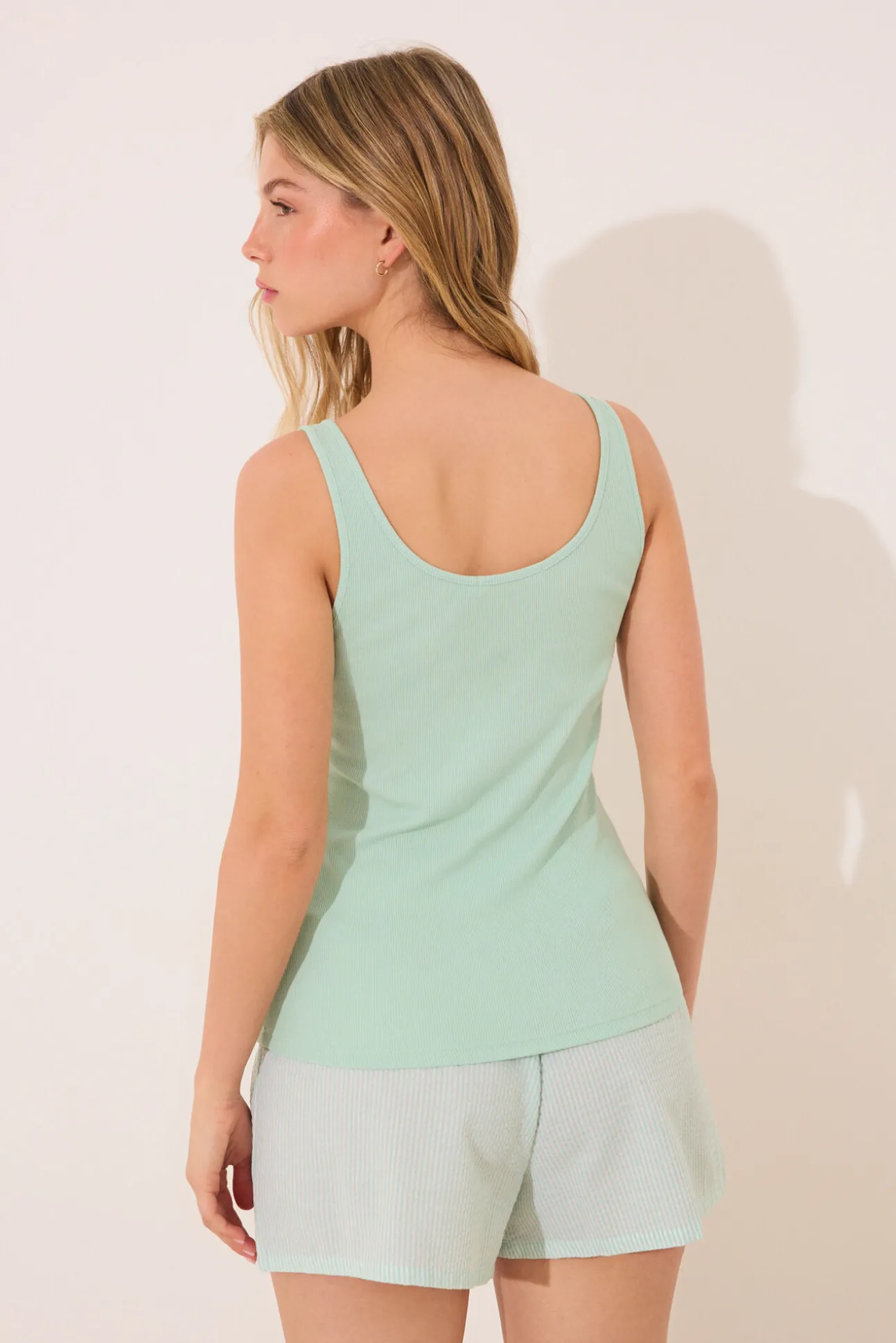 Pijama corto tirantes algodón estampado verde rayas