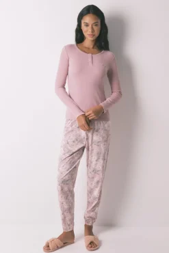 Pijama largo algodón estampado floral rosa