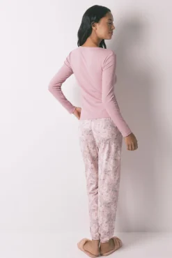 Pijama largo algodón estampado floral rosa