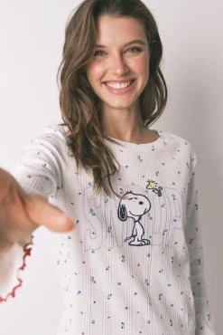 Pijama largo algodón Snoopy flores blanco
