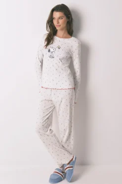Pijama largo algodón Snoopy flores blanco