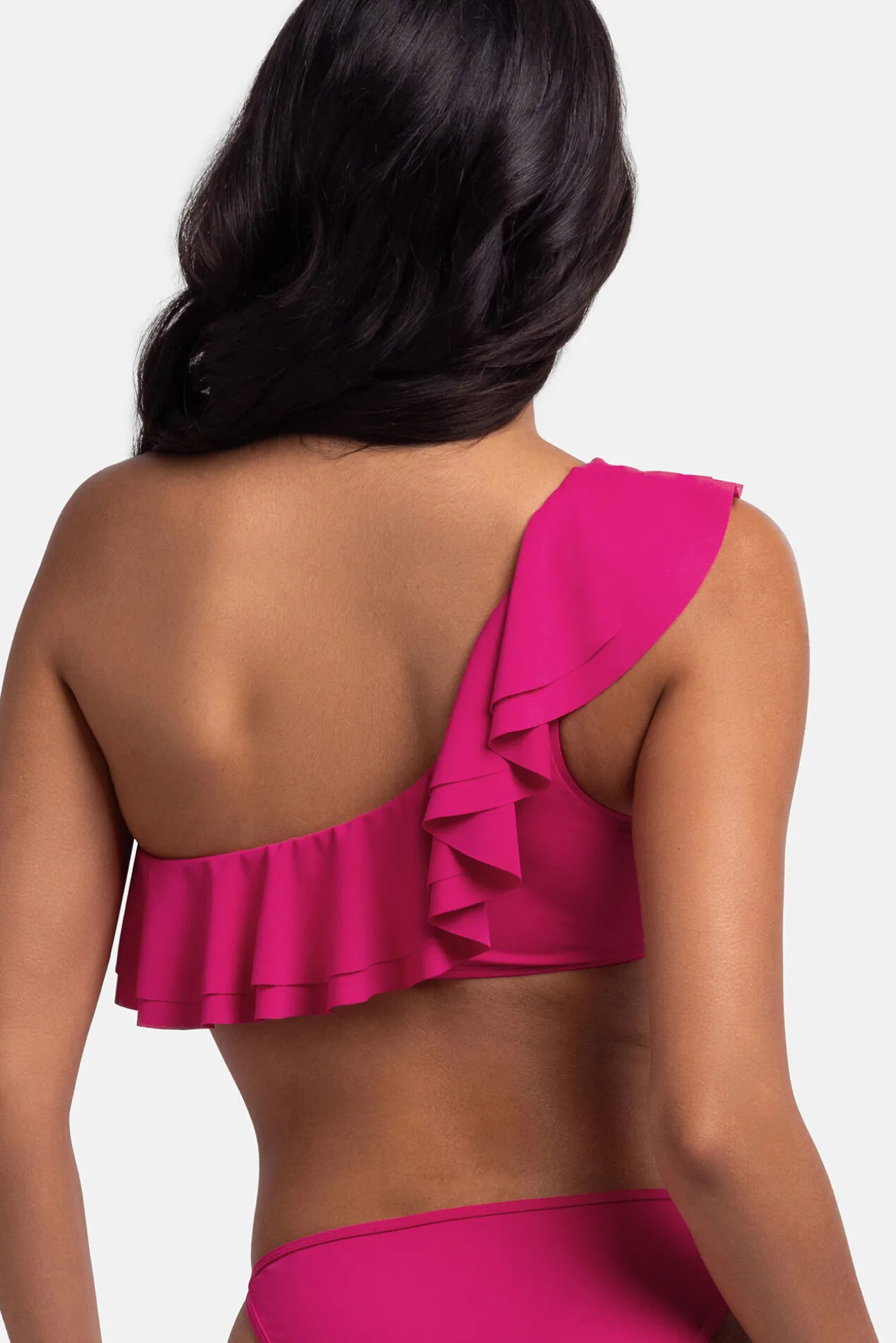 Top de bikini asimétrico volantes rosa