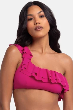 Top de bikini asimétrico volantes rosa