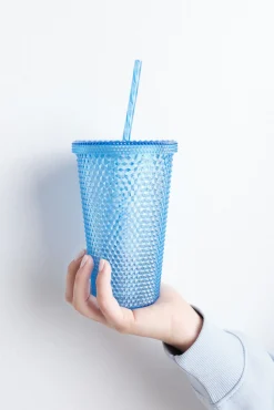 Vaso plástico cañita integrada azul medio