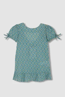 Vestido manga abullonada con estampado d azul claro