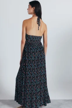 Vestido midi escote halter estampado geométrico